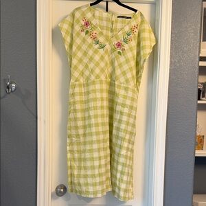 Gudrun Sjoden Light Green Gingham Midi Dress with Floral Embroidery